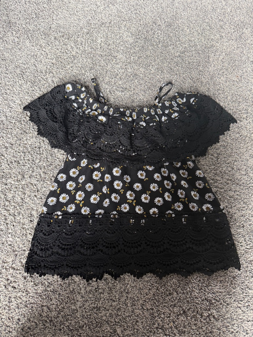 NOBO Black Daisy Off-Shoulder Crop Top with Lace Trim